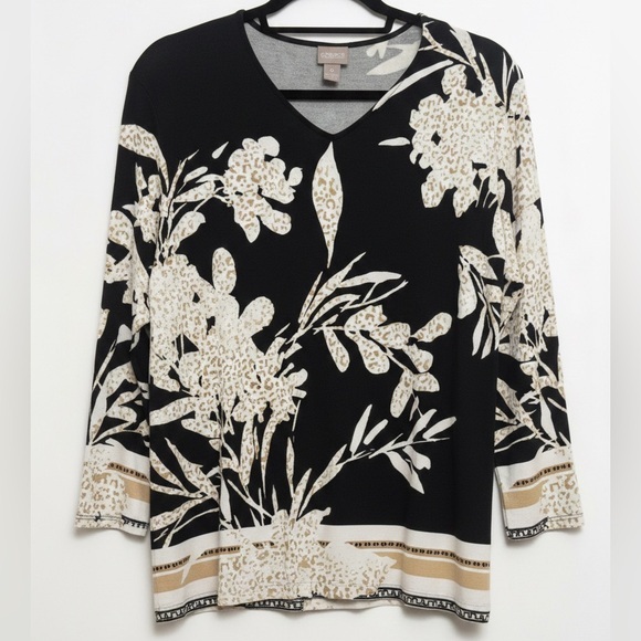 Chico's Tops - Chico's Size 0 Black Floral & Leopard Print V-Neck Top - Soft Jersey Knit